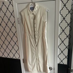 House of Harlow Sleeveless Faux Leather Cream Button-Up Dress